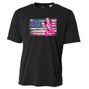 American Flag Pink Ribbon Breast Cancer Awareness Warriors Cooling Performance Crew T-Shirt