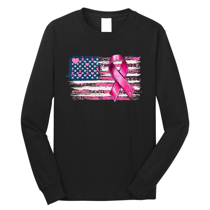 American Flag Pink Ribbon Breast Cancer Awareness Warriors Long Sleeve Shirt