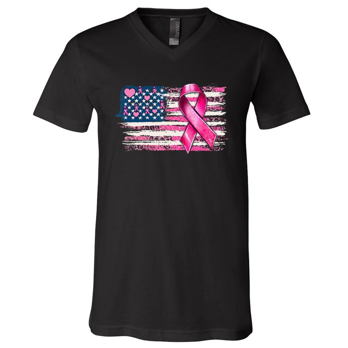 American Flag Pink Ribbon Breast Cancer Awareness Warriors V-Neck T-Shirt