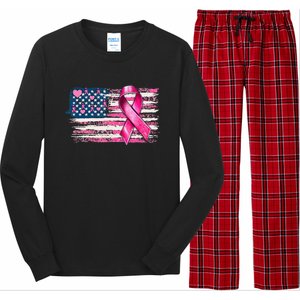 American Flag Pink Ribbon Breast Cancer Awareness Warriors Long Sleeve Pajama Set