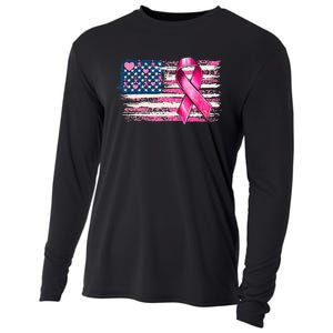 American Flag Pink Ribbon Breast Cancer Awareness Warriors Cooling Performance Long Sleeve Crew