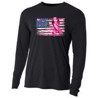 American Flag Pink Ribbon Breast Cancer Awareness Warriors Cooling Performance Long Sleeve Crew