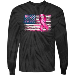 American Flag Pink Ribbon Breast Cancer Awareness Warriors Tie-Dye Long Sleeve Shirt