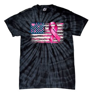 American Flag Pink Ribbon Breast Cancer Awareness Warriors Tie-Dye T-Shirt