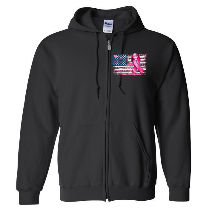 American Flag Pink Ribbon Breast Cancer Awareness Warriors Full Zip Hoodie