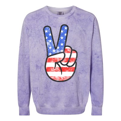 American Flag Peace Sign Hand 4th Of July Colorblast Crewneck Sweatshirt