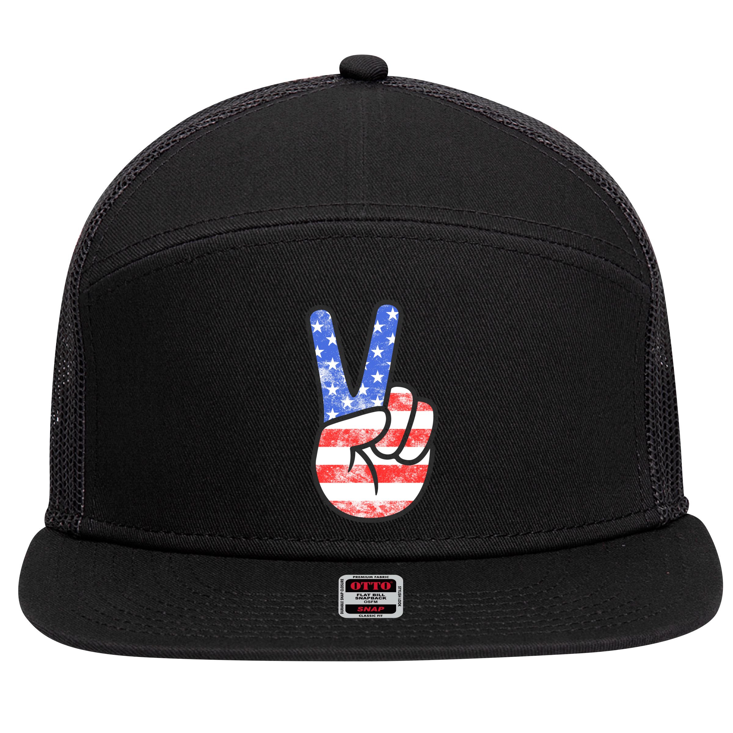 American Flag Peace Sign Hand 4th Of July 7 Panel Mesh Trucker Snapback Hat
