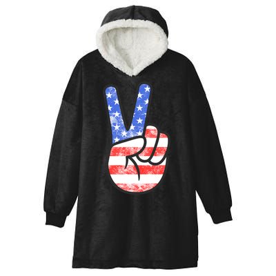 American Flag Peace Sign Hand 4th Of July Hooded Wearable Blanket