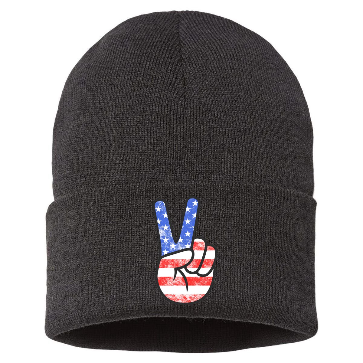 American Flag Peace Sign Hand 4th Of July Sustainable Knit Beanie