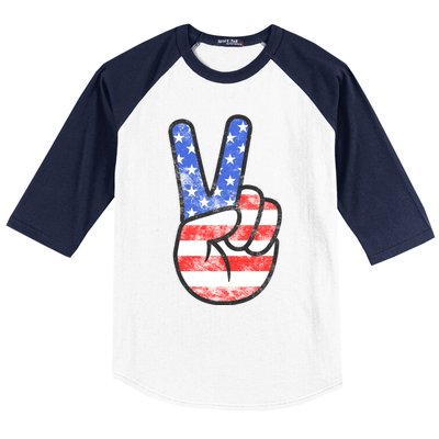 American Flag Peace Sign Hand 4th Of July Baseball Sleeve Shirt