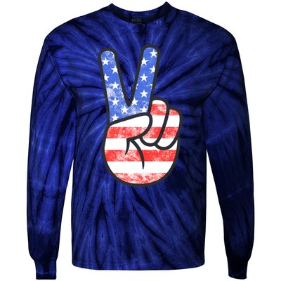 American Flag Peace Sign Hand 4th Of July Tie-Dye Long Sleeve Shirt