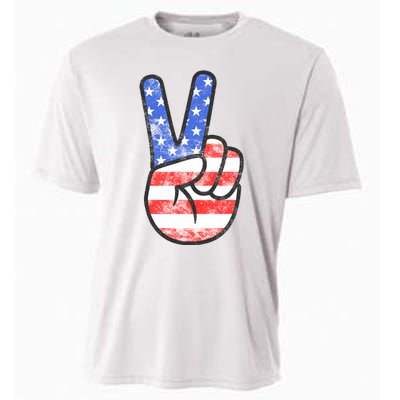 American Flag Peace Sign Hand 4th Of July Cooling Performance Crew T-Shirt