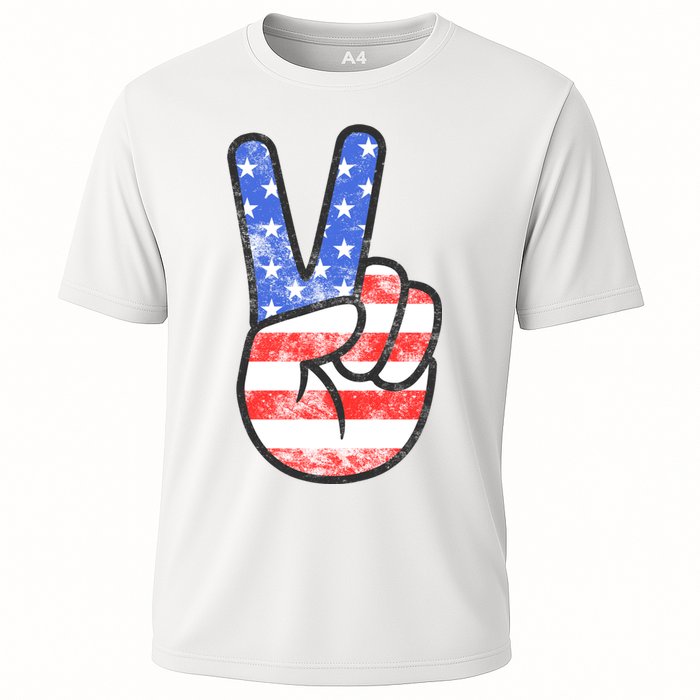 American Flag Peace Sign Hand 4th Of July Cooling Performance Crew T-Shirt