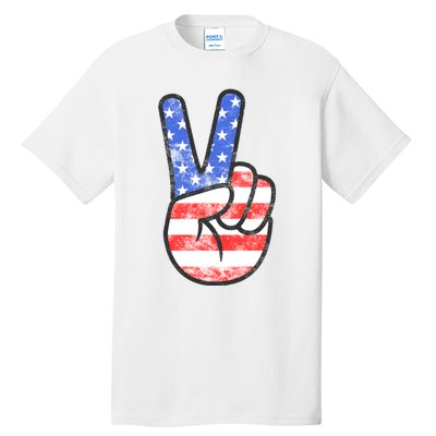 American Flag Peace Sign Hand 4th Of July Tall T-Shirt