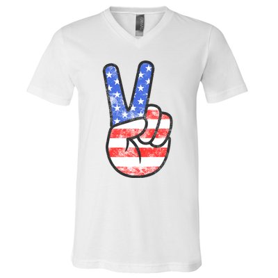 American Flag Peace Sign Hand 4th Of July V-Neck T-Shirt