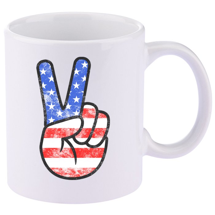 American Flag Peace Sign Hand 4th Of July 11oz C Handle Ceramic Mug