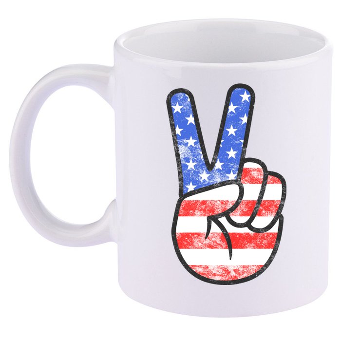 American Flag Peace Sign Hand 4th Of July 11oz C Handle Ceramic Mug