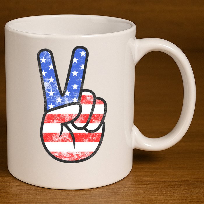 American Flag Peace Sign Hand 4th Of July 11oz C Handle Ceramic Mug