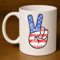 American Flag Peace Sign Hand 4th Of July 11oz C Handle Ceramic Mug