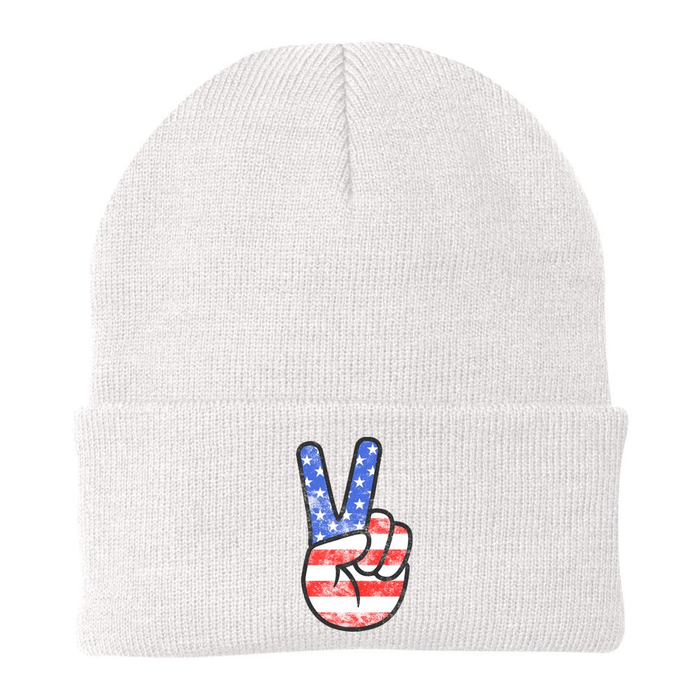 American Flag Peace Sign Hand 4th Of July Beanie