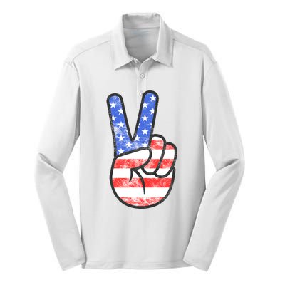 American Flag Peace Sign Hand 4th Of July Silk Touch Performance Long Sleeve Polo