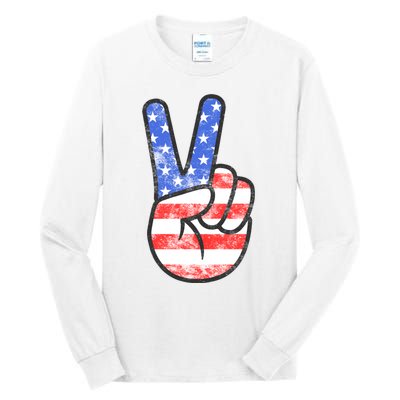 American Flag Peace Sign Hand 4th Of July Tall Long Sleeve T-Shirt