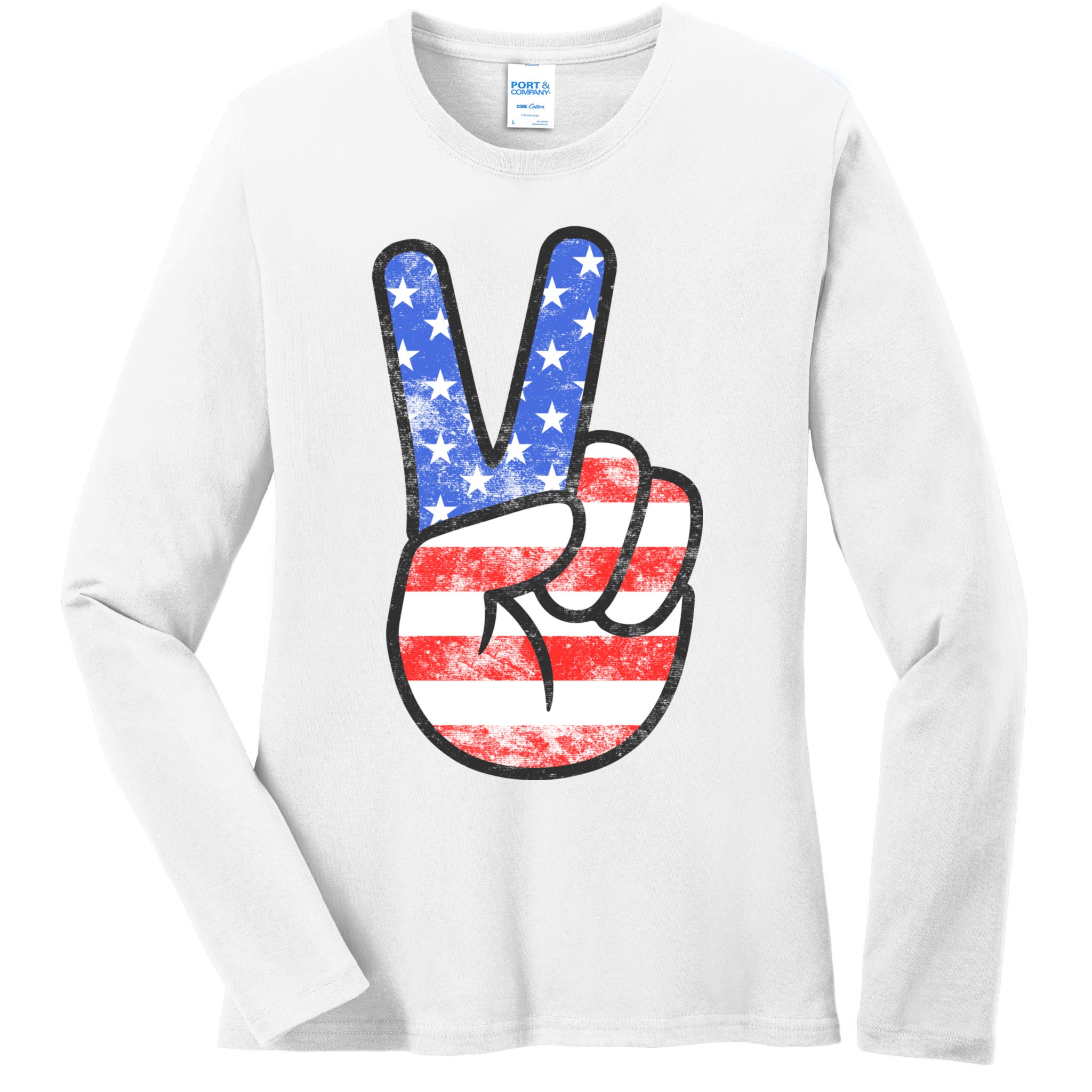 American Flag Peace Sign Hand 4th Of July Ladies Long Sleeve Shirt