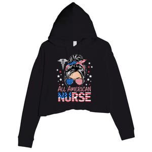 American Flag Patriotic Nurse Messy Bun 4th Of July Crop Fleece Hoodie