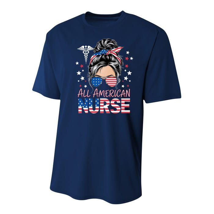 American Flag Patriotic Nurse Messy Bun 4th Of July Youth Performance Sprint T-Shirt