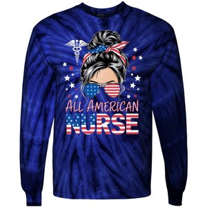 American Flag Patriotic Nurse Messy Bun 4th Of July Tie-Dye Long Sleeve Shirt