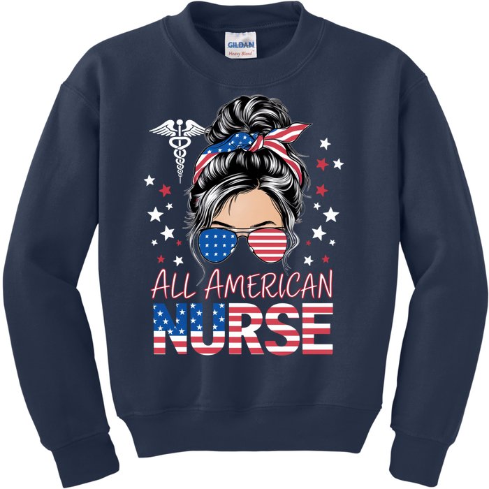 American Flag Patriotic Nurse Messy Bun 4th Of July Kids Sweatshirt