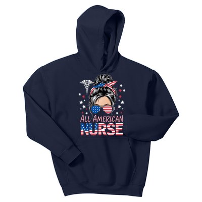 American Flag Patriotic Nurse Messy Bun 4th Of July Kids Hoodie