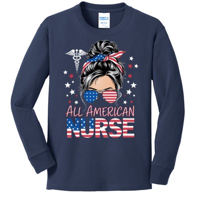 American Flag Patriotic Nurse Messy Bun 4th Of July Kids Long Sleeve Shirt