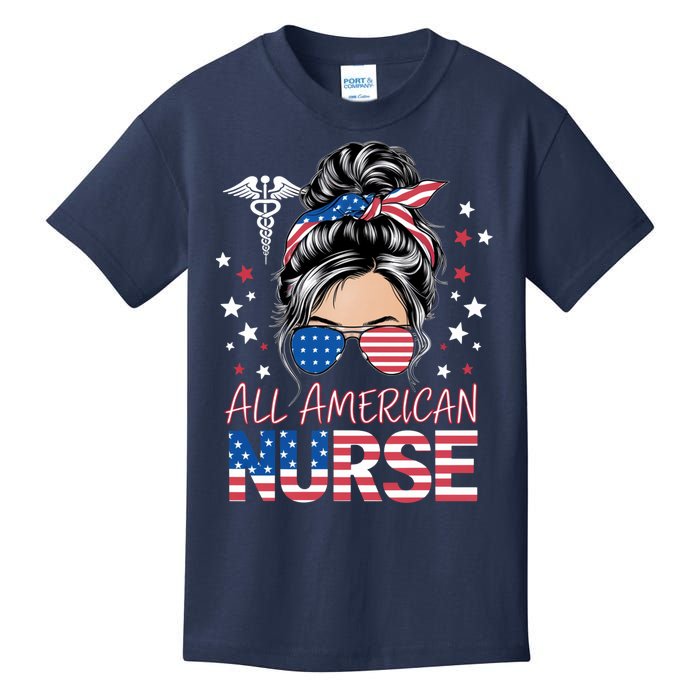 American Flag Patriotic Nurse Messy Bun 4th Of July Kids T-Shirt