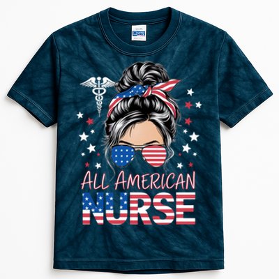 American Flag Patriotic Nurse Messy Bun 4th Of July Kids Tie-Dye T-Shirt