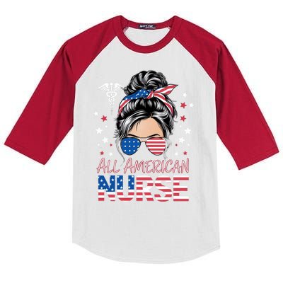 American Flag Patriotic Nurse Messy Bun 4th Of July Kids Colorblock Raglan Jersey