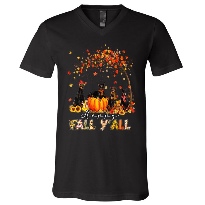 Autumn Fall Pumpkin Truck Thanksgiving Doberman Dog V-Neck T-Shirt