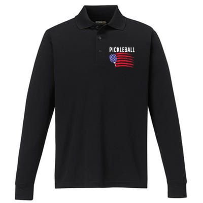 American Flag Pickleball Lover Gift Paddle Sport Performance Long Sleeve Polo