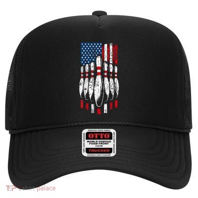 American Flag Patriotic Bowling High Crown Mesh Back Trucker Hat