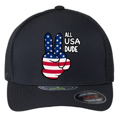 American Flag Peace Sign Hand Gift 4th Of July All Usa Dude Gift Flexfit Unipanel Trucker Cap