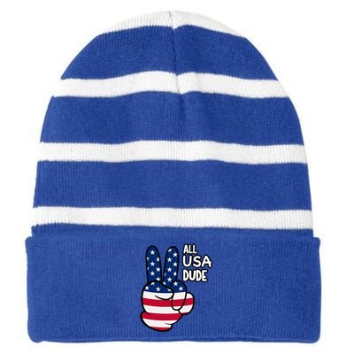 American Flag Peace Sign Hand Gift 4th Of July All Usa Dude Gift Striped Beanie with Solid Band