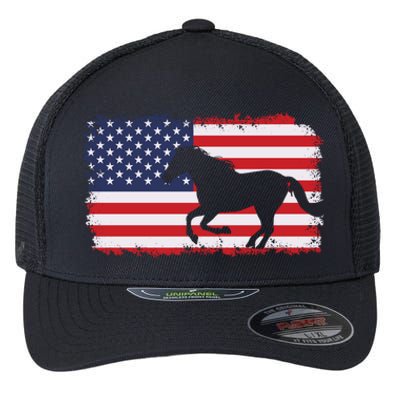 American Flag Patriotic Horse Horseback Riding Gift Flexfit Unipanel Trucker Cap