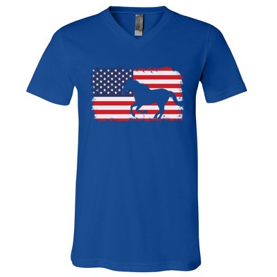 American Flag Patriotic Horse Horseback Riding Gift V-Neck T-Shirt