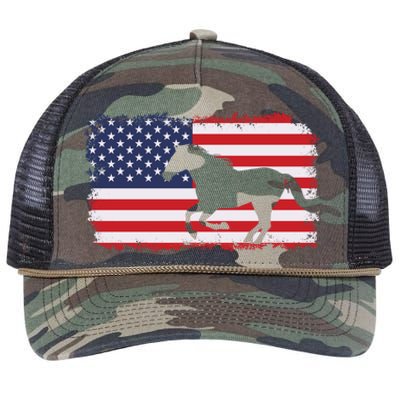 American Flag Patriotic Horse Horseback Riding Gift Retro Rope Trucker Hat Cap