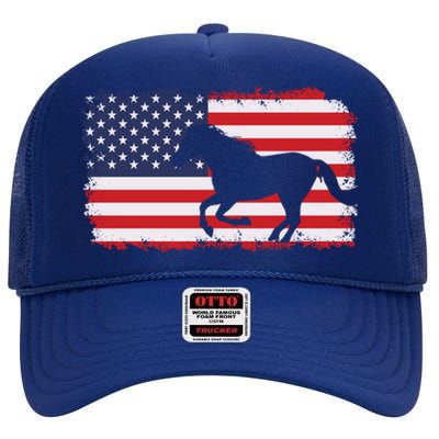 American Flag Patriotic Horse Horseback Riding Gift High Crown Mesh Back Trucker Hat