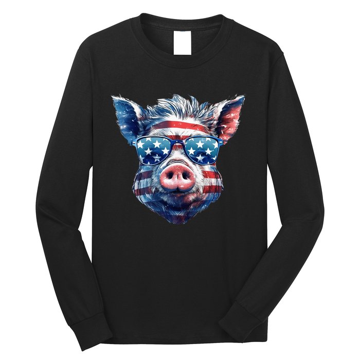 American Flag Pig Vintage Farm Animal Patriotic Farmer Pig Long Sleeve Shirt