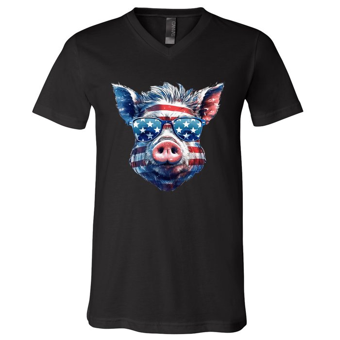 American Flag Pig Vintage Farm Animal Patriotic Farmer Pig V-Neck T-Shirt