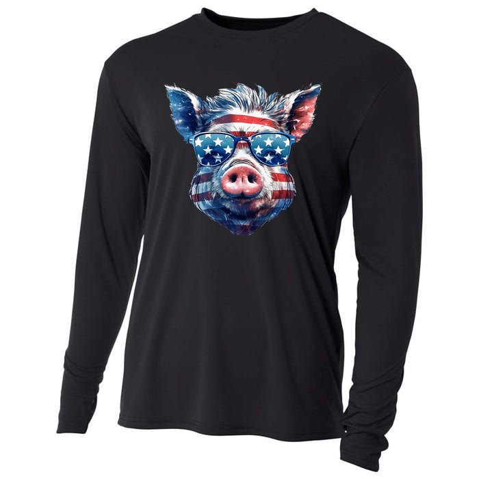 American Flag Pig Vintage Farm Animal Patriotic Farmer Pig Cooling Performance Long Sleeve Crew