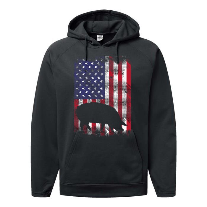 American Flag Pig Vintage Farm Animal Patriotic Farmer Performance Fleece Hoodie