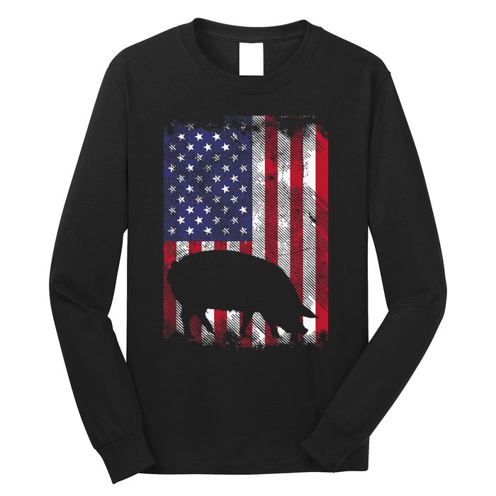 American Flag Pig Vintage Farm Animal Patriotic Farmer Long Sleeve Shirt